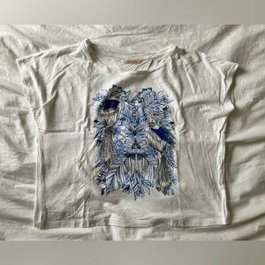 Cropped White Tee with Blue Bird Print